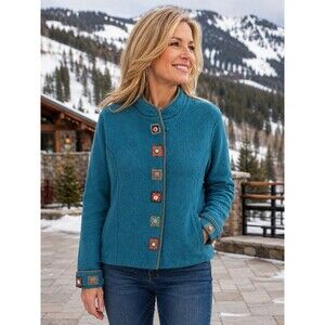 Icelandic Design Womens Full Zip Embroidered Flowers Jacket Size Large Wool